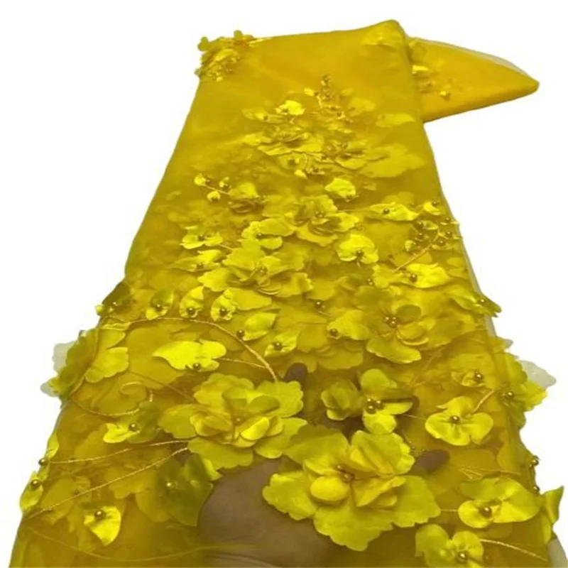 

2023 Yellow French Mesh Beads Lace Fabric Embroidery 3D Flower African Laces Fabrics Very Light Soft Tulle For Wedding Dress