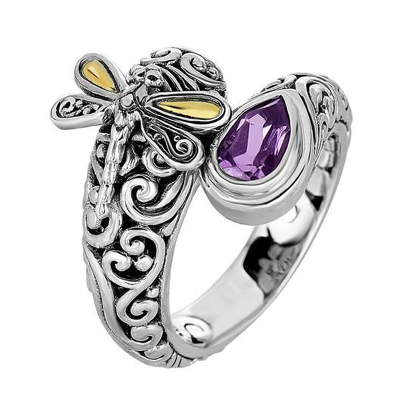 

Vintage Silver Color Insect Dragonfly Ring Carving Flower Purple Crystal Zircon Rings For Woman Retro Inlaid Water Drop Stone