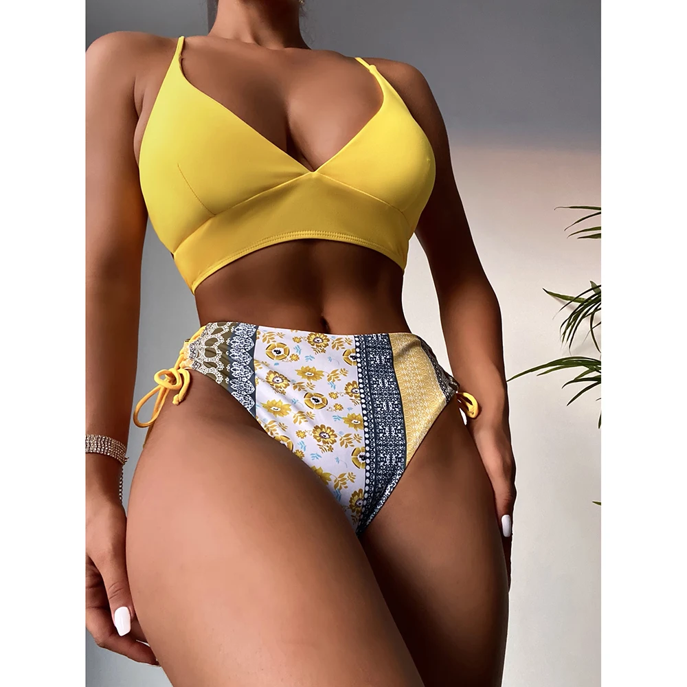 Бикини с цветочным принтом 2022 женский купальник новый высокой талией