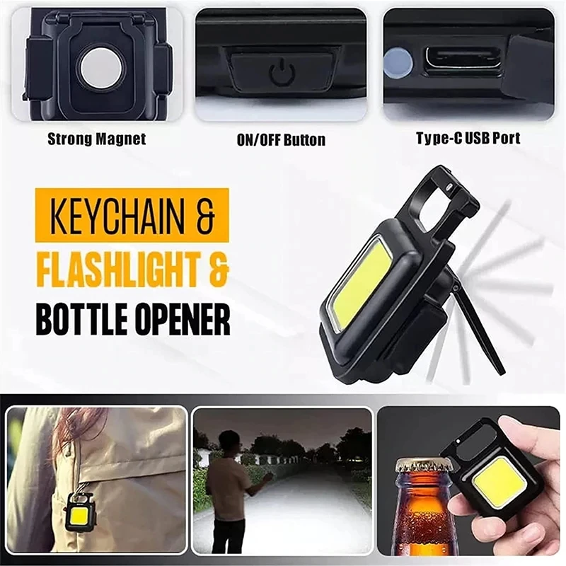 

Mini Pocket Flashlight Portable Outdoor Camping Keychain Lamp Type-C Rechargeable Multifunctional COB Work Light Torch Fishing