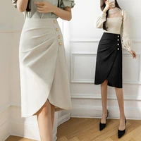 vintage irregular folds womens korean skirts with button 2022 korean high waist casual elegant slim sexy slit midi skirt femme