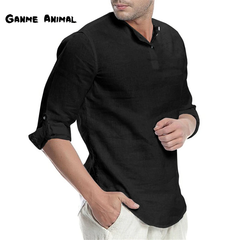

New Men's Long-Sleeved Solid Color Shirt Loose Casual T-Shirt Linen Shirt Oversize Shirts V-neck Breathable Cotton Top