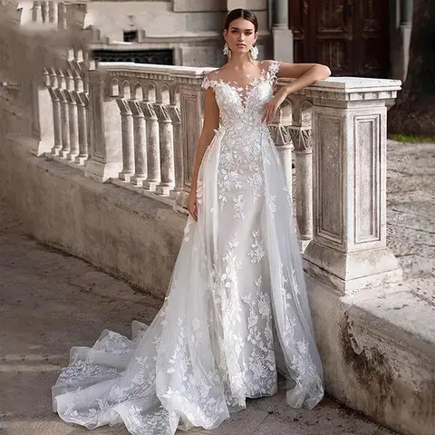 Свадебное платье с коротким рукавом, кружевное свадебное платье-Русалка со съемным шлейфом и аппликацией, 2024