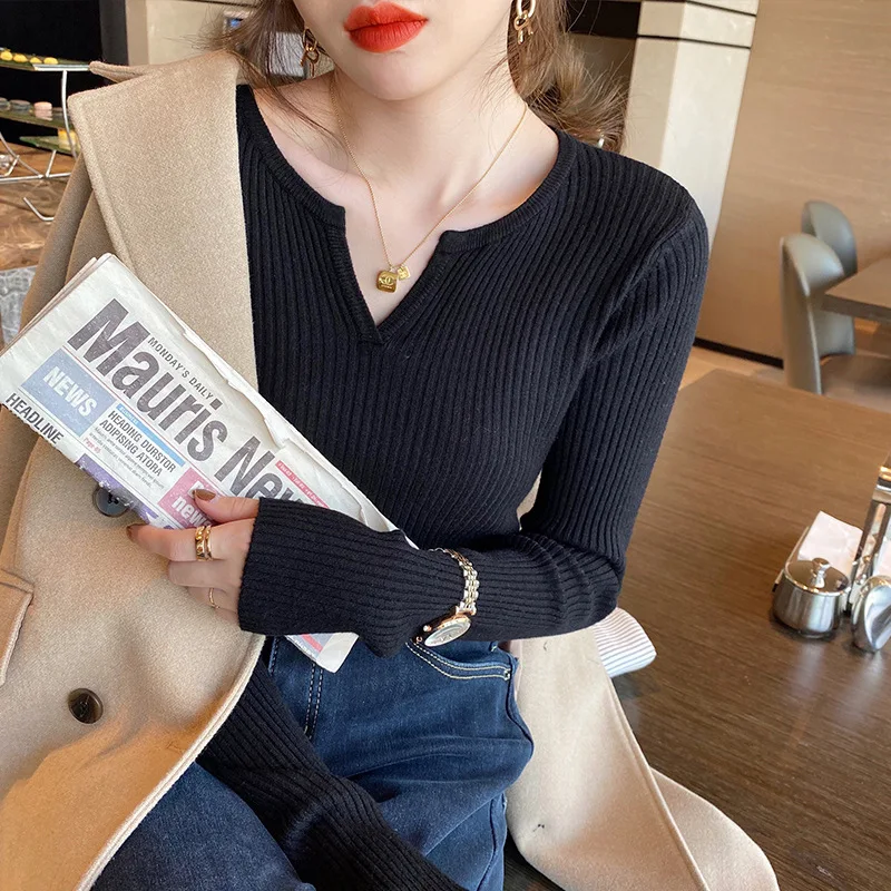 

Women Pullovers Autumn and Winter 2023 New Knitwear Slim Fit Long Sleeve Tops Sweet V-Neck Sweater Solid Clothes Blusas 24423