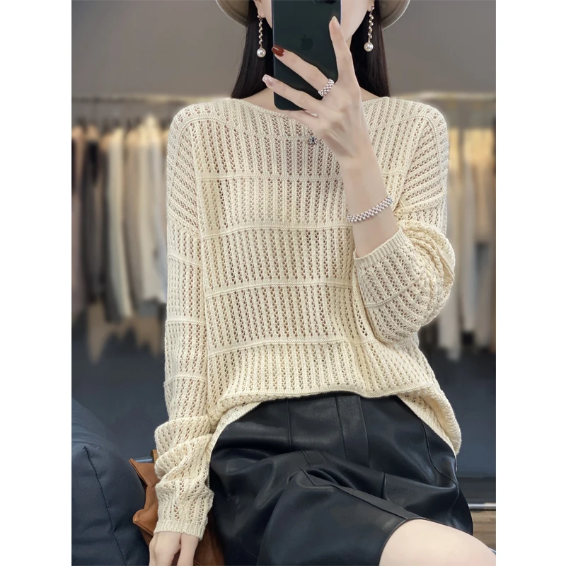 

Женский пуловер, новинка весны 2023, шерстяной свитер, Повседневная однотонная трикотажная одежда, свободные женские топы, блузка с круглым вырезом и вырезами по бокам