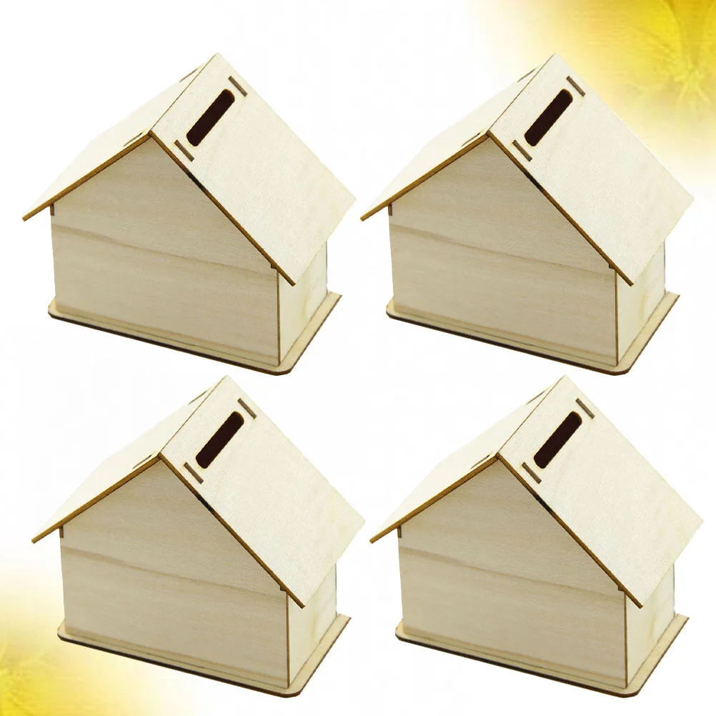 

4 Set Wooden House To Unfinished Wood Box Holder for Kids Home Painting Diy Crafts Wood Projects ( Wood Color )