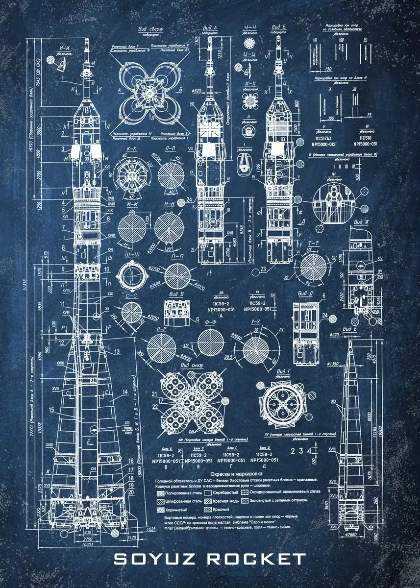 

Blueprint картина на холсте "Saturn V Apollo Rocket and Apollo Lunar Module"