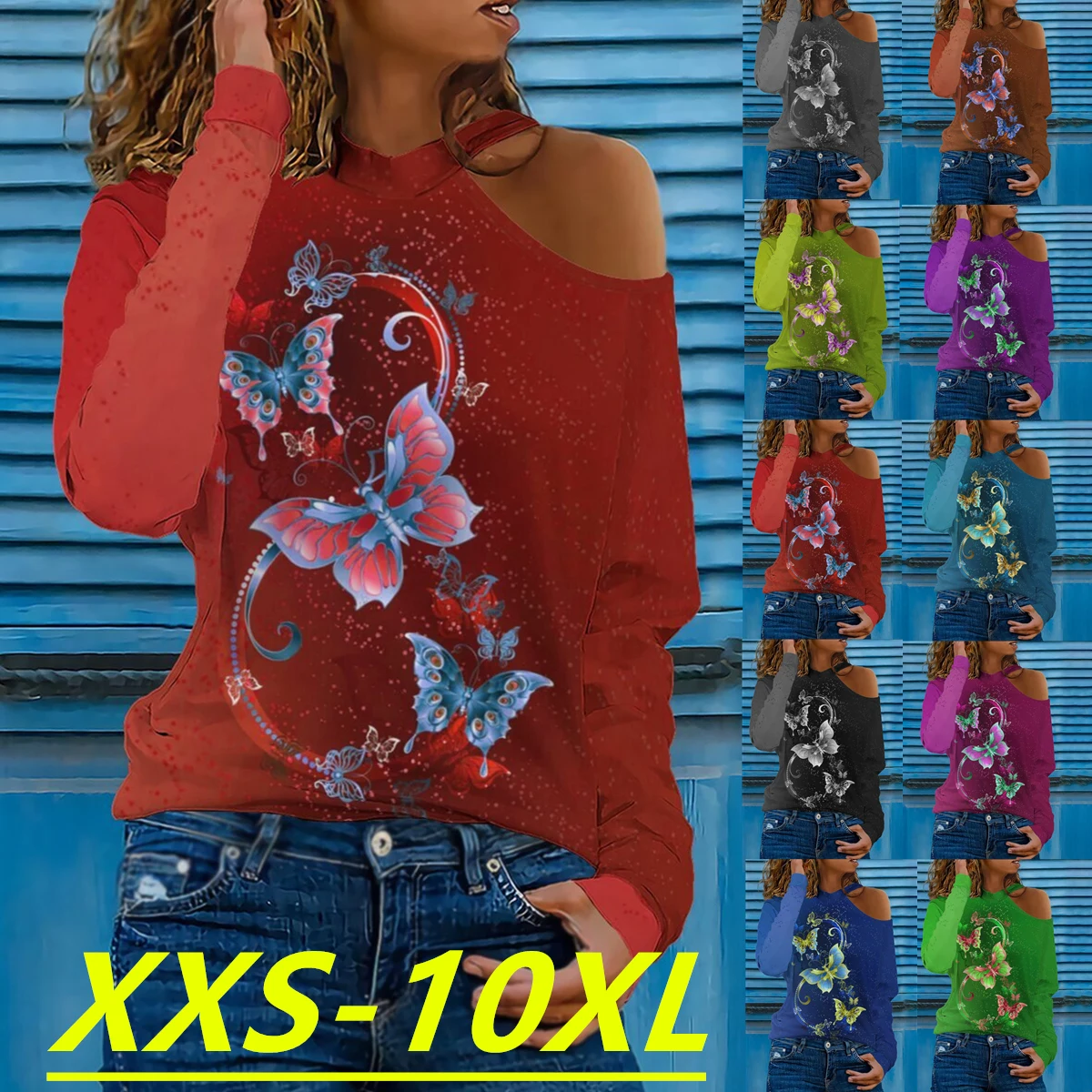 

Autumn/Winter 2022 Fashion Women's Butterfly Print Round Neck Off Shoulder Long Sleeve Casual Plus Size Top XXS-10XL