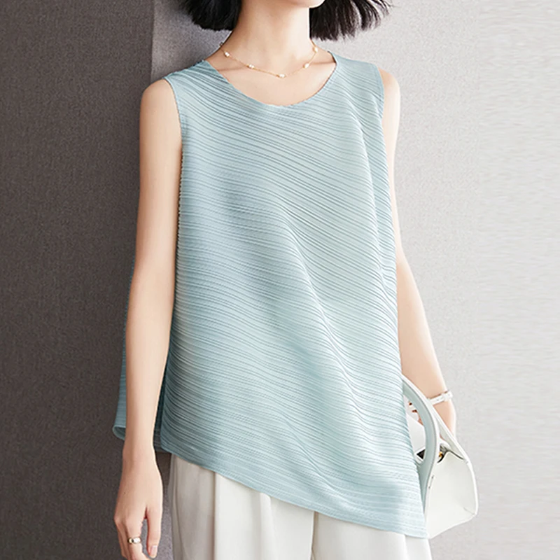 

Pleated Asymmetric Summer New Round Neck Women'S Comfortable Sleeveless Solid Color All-Match Fashion Loose Slim Top Vest