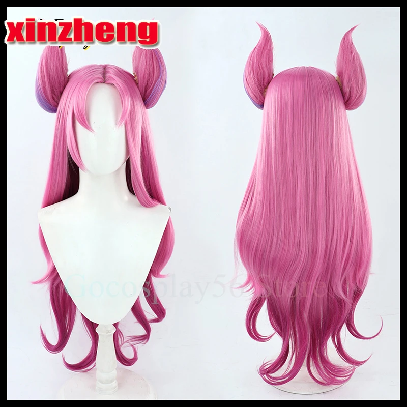 

Star Guardian Kaisa Cosplay Wig Horns LoL New Skin Gradient Pink Synthetic Hair 90cm Long Straight Wavy Kai'Sa Headwear