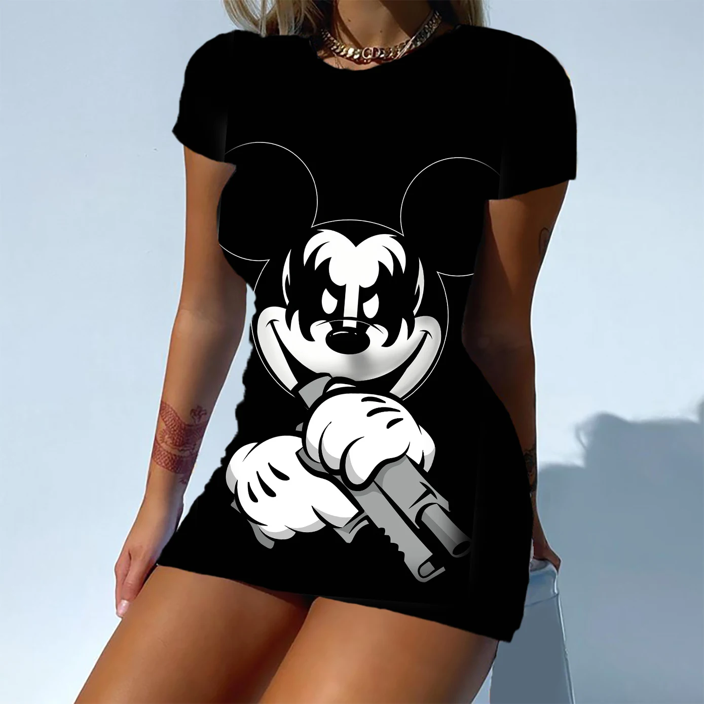 

Fashion Disney Slim Mickey Minnie Dress Disney Summer Mini Women's Pack Hip Dress Sexy Nightdress Mickey Cute Cartoon 3D Print