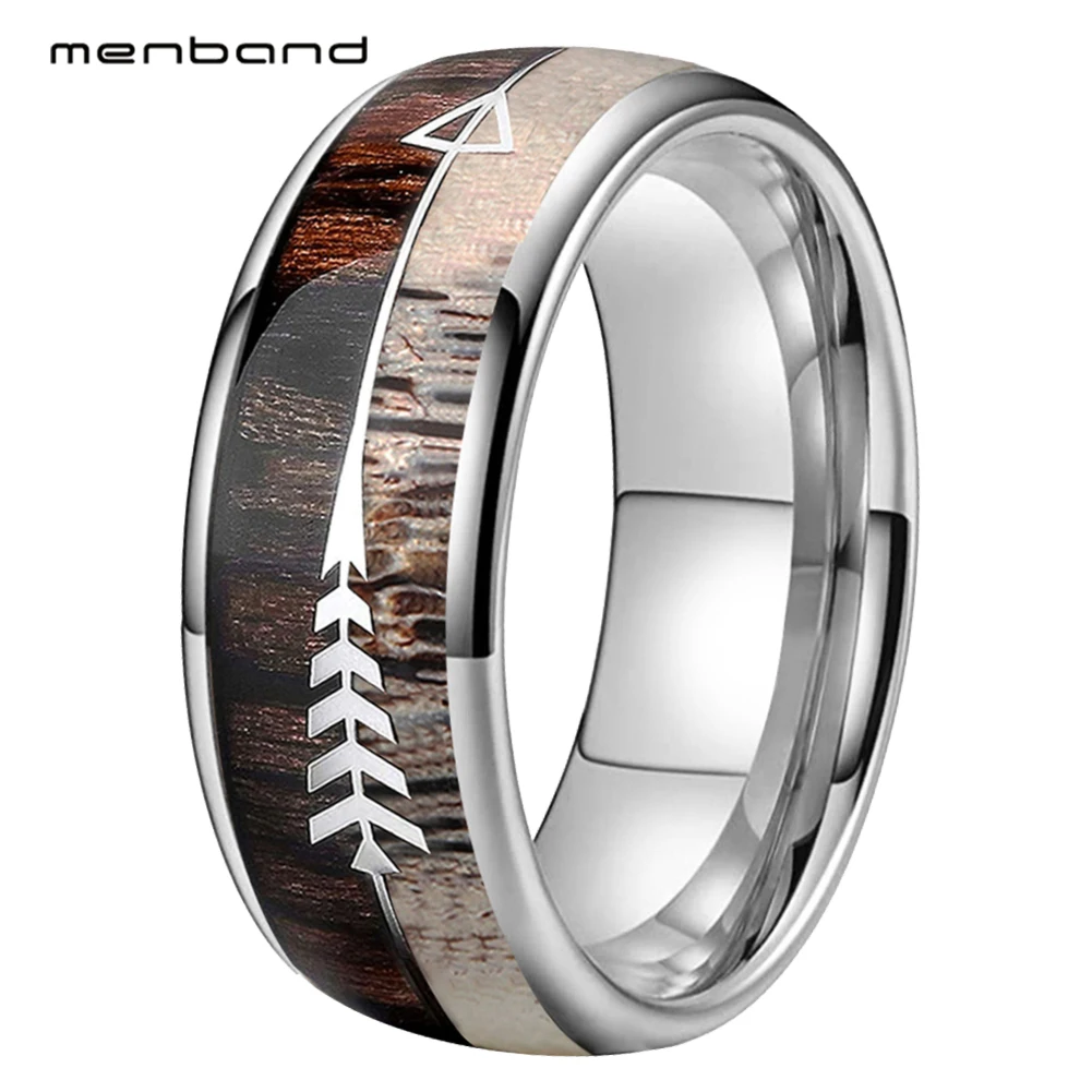 

MenBand 8mm Zebra Wood Deer Horn Arrow Inlaid Silver Tungsten Wedding Band Comfort Fit Custom Ring/Personalized Ring