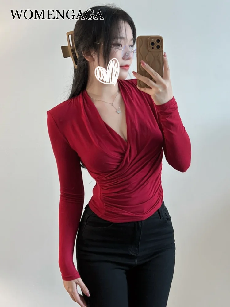 

Long TVVOVVIN Thin V-neck Sleeve Wine Red Cross Short Top Autumn Slim High Waist Sexy Base T Shirt Undershirts tees Women W9SJ