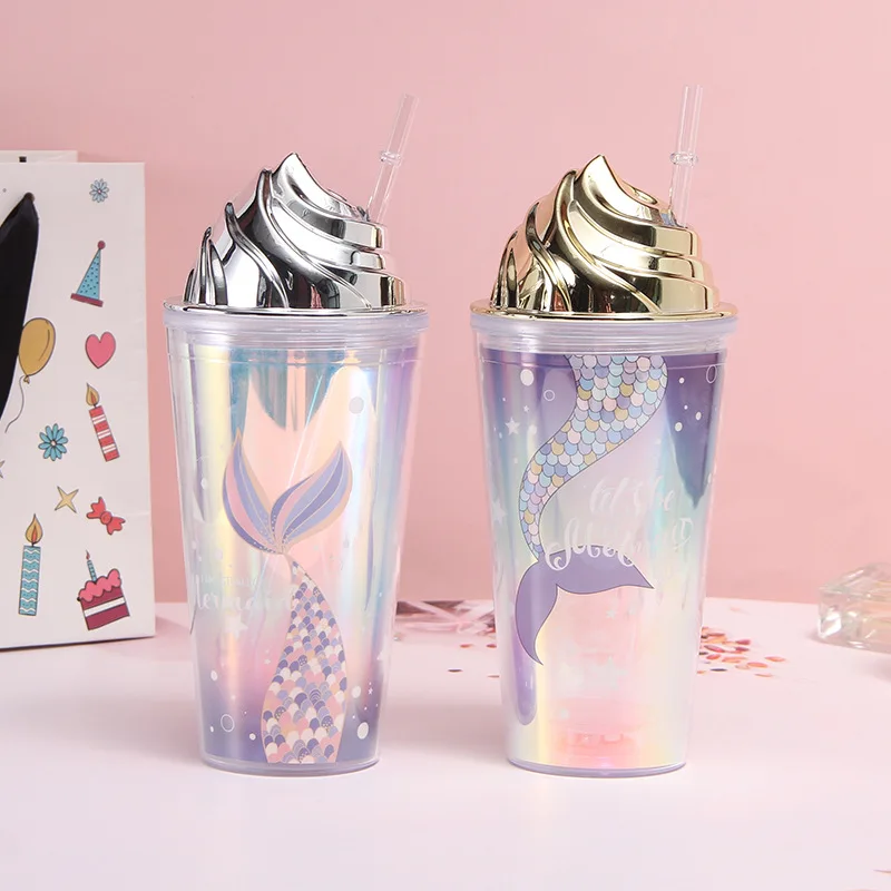 

Creative Electroplating Sparkle Double-layer Plastic Cup 420ML Ice Cream Couple Straw Cup with Light Student Summer Ice Cup