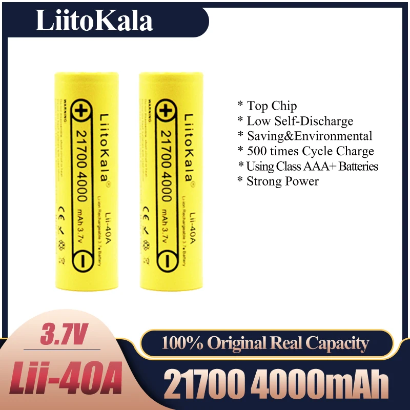 

LiitoKala Lii-40A 21700 4000mah Rechargeable Battery lithium 40A 3.7V 10C discharge High Power batteries High Drain Batteries