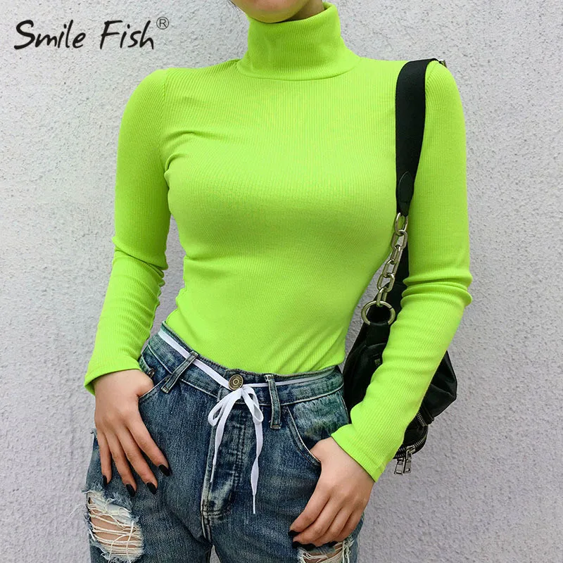 

Lime Neon Green Knitted Pullovers Shirts Women Turtleneck Long Sleeve Sweaters Female Club Spring Sexy Elastic Jumpers Tops