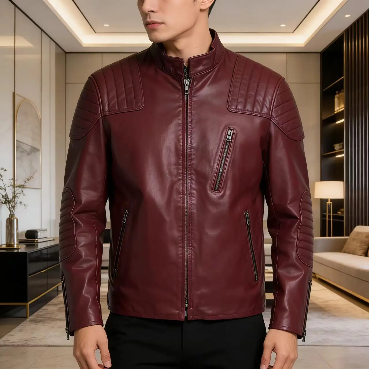 Фото Мужская кожаная куртка-бомбер Slim Fit из натуральной воловьей кожи, цвет винно-красный, модная повседневная верхняя одежда для весны и осени, 2026 год, лидер продаж №3