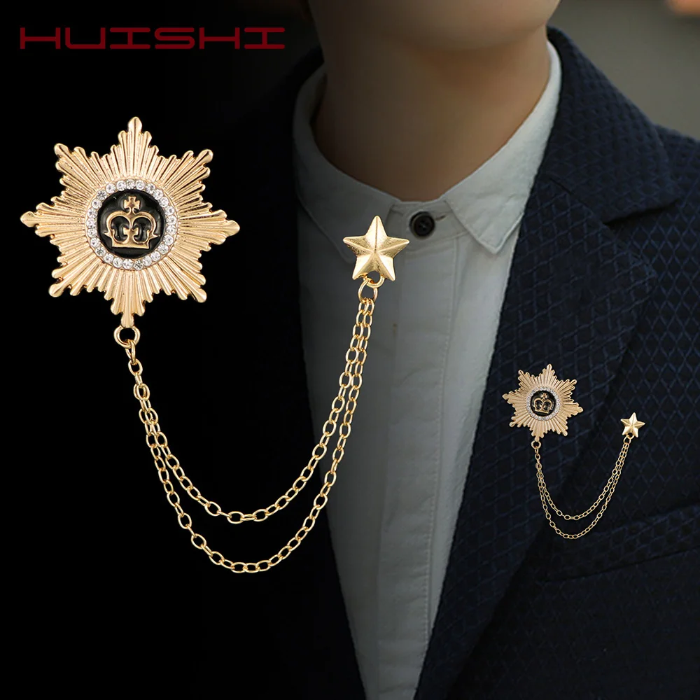 

HUISHI Medal Brooch Lapel Chain Tassel Crown Brooches For Men Suit Pins Badge Gold Chain Medal Lapel Male Collar Pin Men Jewelry