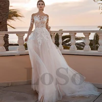 luxury wedding dress sashes buttons long sleeve exquisite appliques tulle o neck princess mopping vestido de novia women