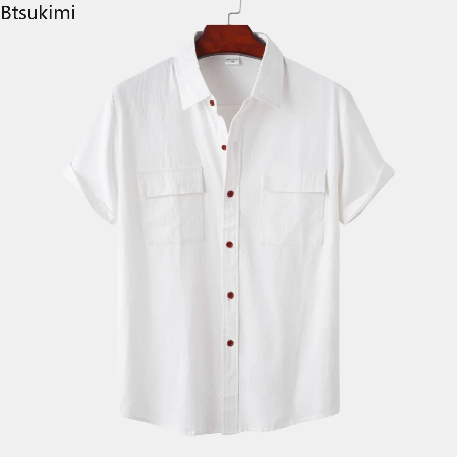 

New 2023 Summer Cotton Linen Shirt for Men Double Pockets Short Sleeve Casual Shirts Man Breathable Solid Tee Tops Camisetas