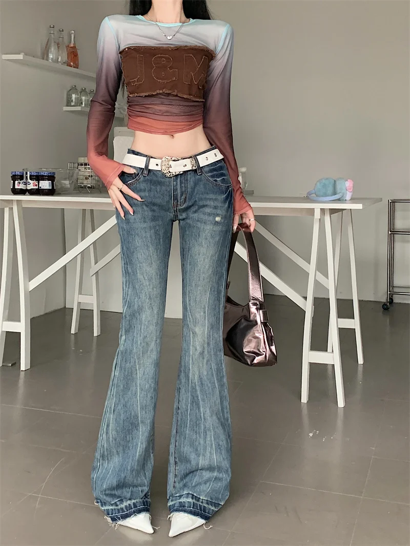 

Women's Embroidered Raw Edge Retro Blue Bell-bottoms Spring Summer New American Street Jeans Young Girls High Waist Denim Pants