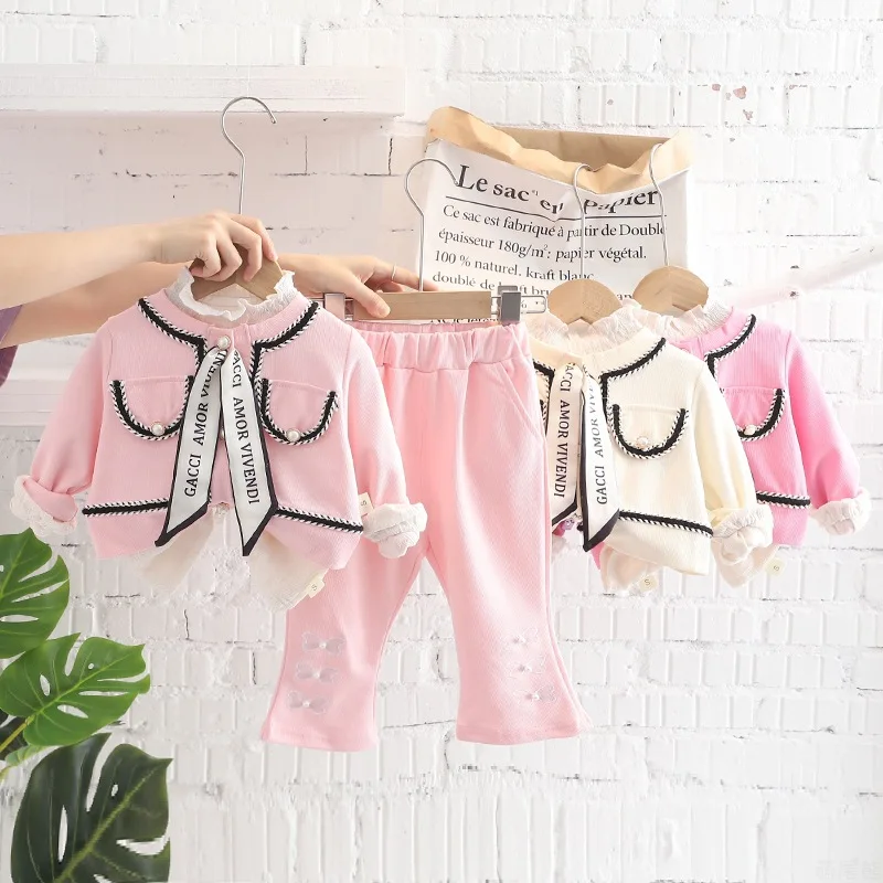 Girls Suits Girls Small Fragrance Suit Children's Solid Color Bow Cardigan Jacket + Trousers Three-piece Set  Girl Outfit Set