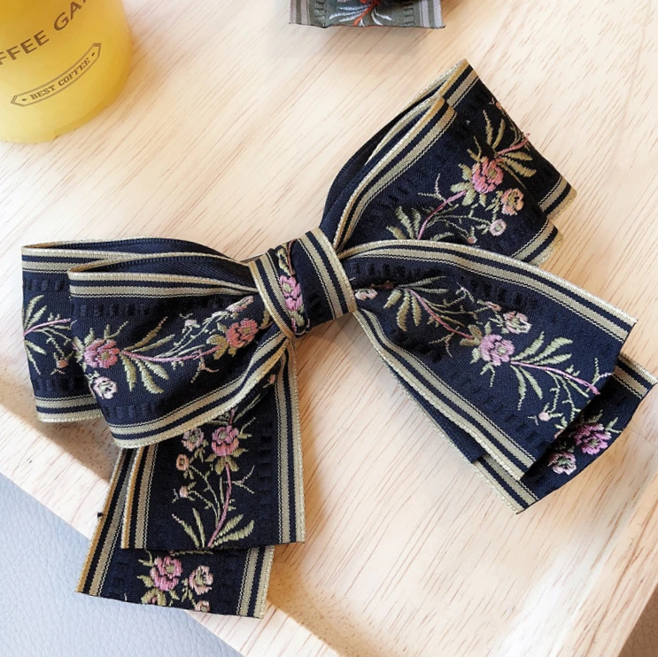 

Korean Floral Hair Bows Clips Hairpin Retro Embroidery Flowers Sweet Mori Headdress Bow Hair Pin Haar Accessoires for Women