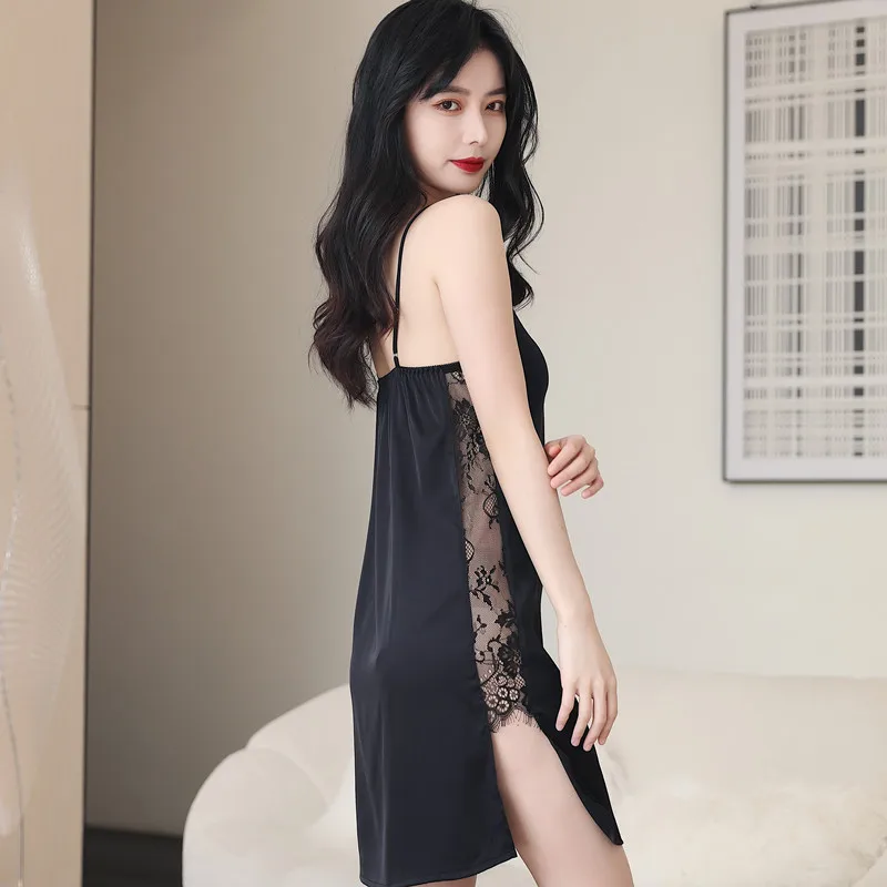 Sexy Fantasy Silk Suspenders Nightdress Slit Lure Fun Nightgown Woman Ice Silk Round Neck Pajamas Dress Summer  Lace Sleepwear