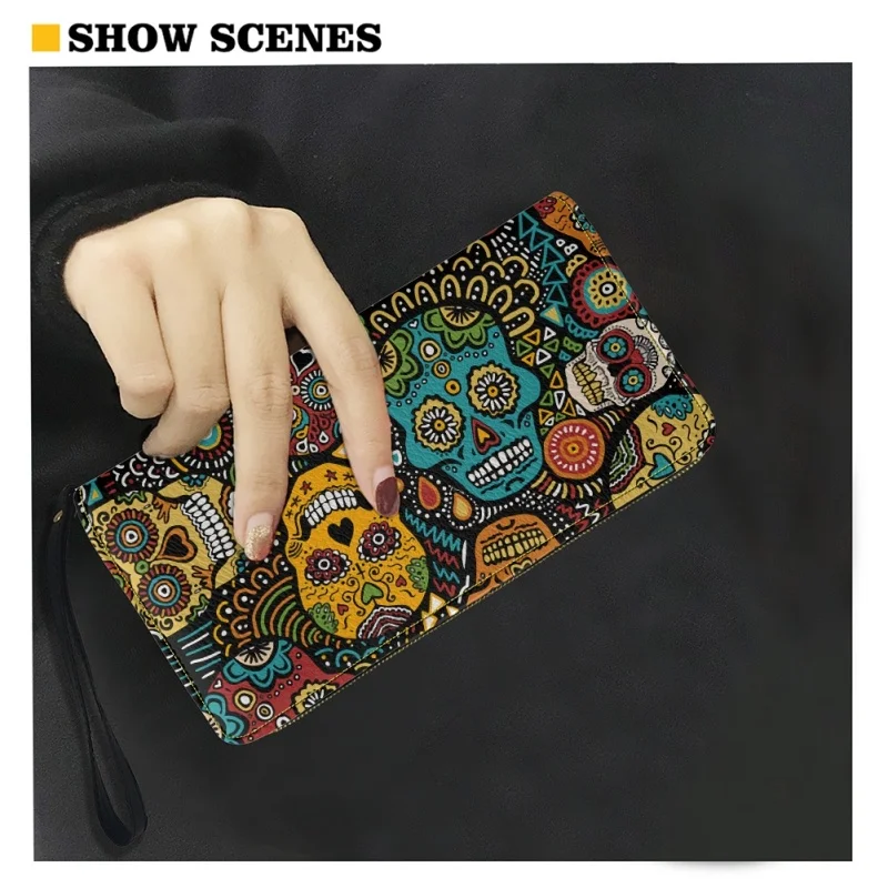 Belidome Sugar Skull Wristlet Wallets for Womens Casual PU Leather Long Purse RFID Blocking Card Holder Clutch Bag Lady Handbags