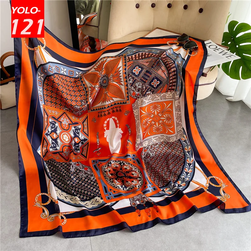 

Orange Silk Scarf 110cm Large Square Scarves Sunscreen Shawl Travel Fashion Pareo Women Bandana Shawl Chiffon Hijab Poncho Beach