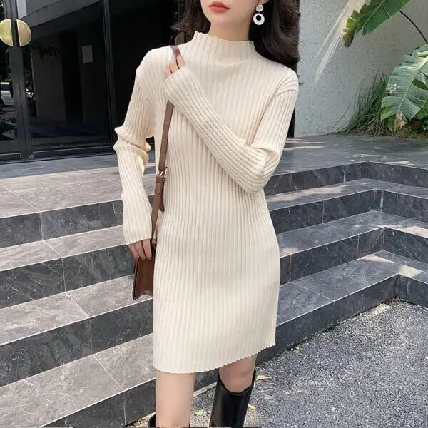 

Autumn and Winter 2022 New Mid Length Sweater Skirt Black Dress with Half High Neck Knit Bottomed Skirt Long Dress