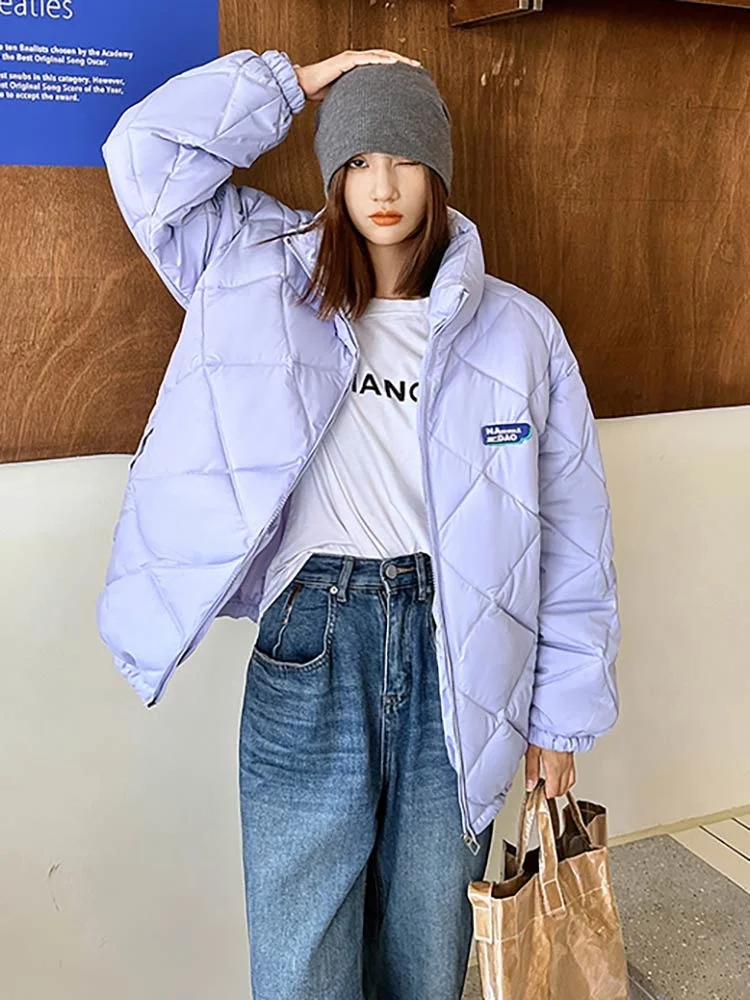 New Fashion Rhombus Pattern Winter Women Parkas Jacket Retro Stand Collar Loose Cotton Padded Winter Coat Clothes