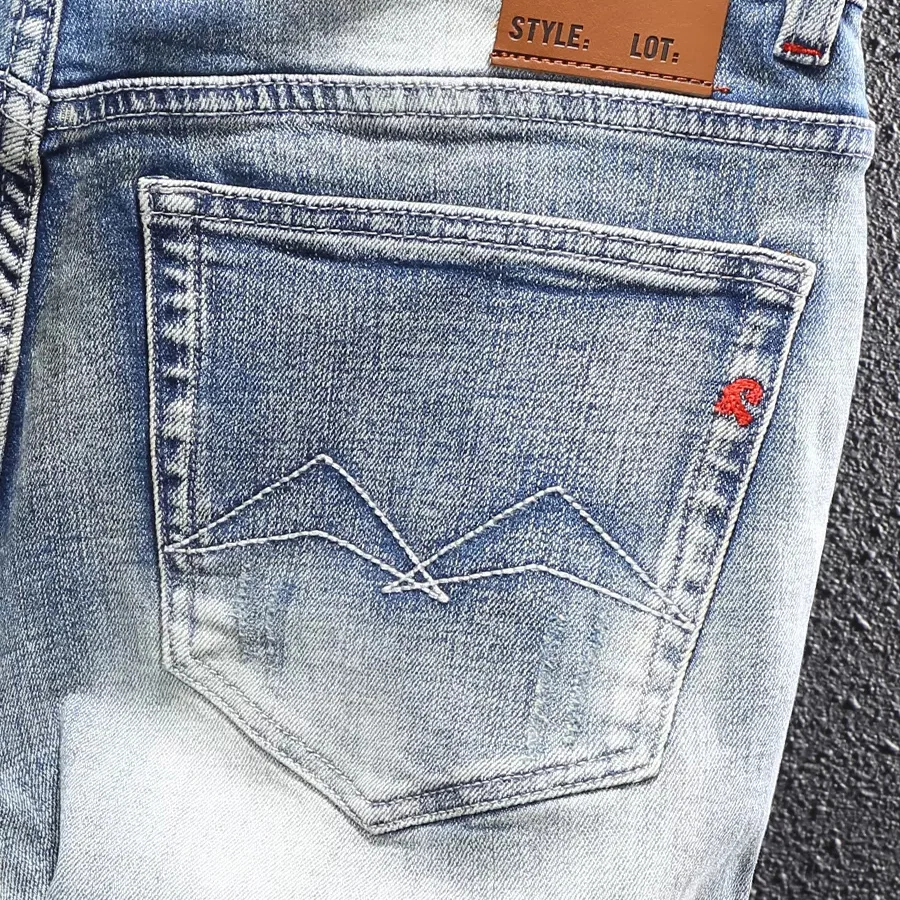 Fashion Designer Men Jeans High Quality Retro Light Blue Elastic Stretch Slim Fit Ripped Jeans Men Trousers Vintage Denim Pants