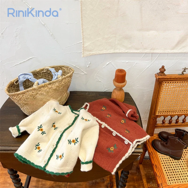 

Girl Children's Outerwear Clothing Kids Knitted Sweater Cardigan for Girls Long Sleeve Embroidery Floral Spring Autumn Clothes