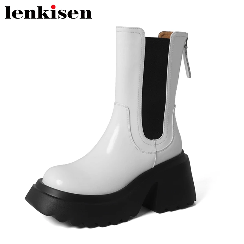 

Lenkisen Natural Cow Leather Round Toe Platform Chelsea Boots Super High Heels Dating Mixed Colors Fashion Slip On Ankle Boots