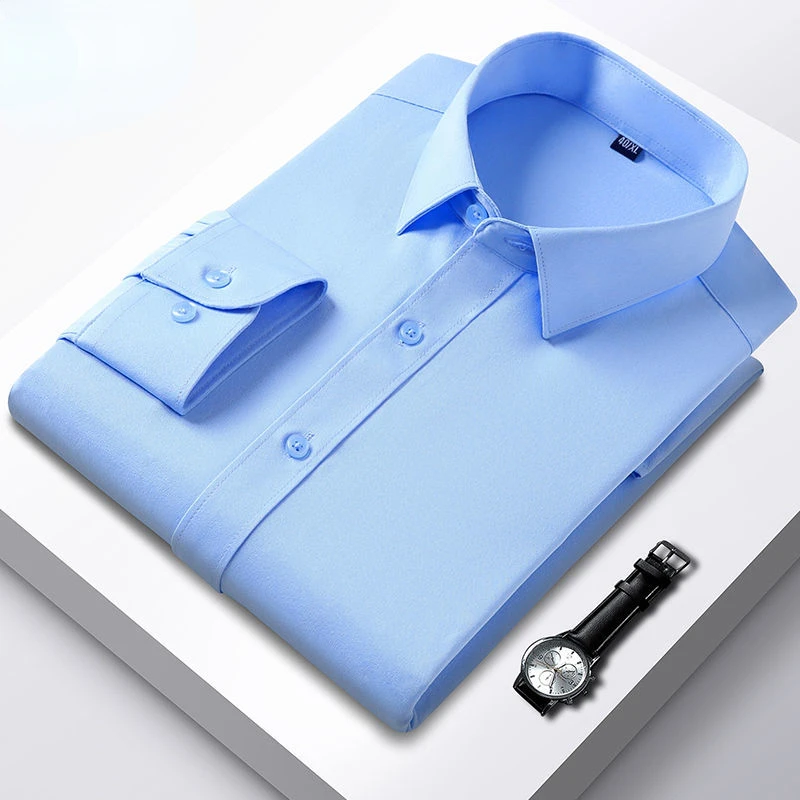 Solid Color Business Casual Elastic Shirt Spring Summer Long Sleeve Professional Young and Middle-aged Fashionable Men's Shirt