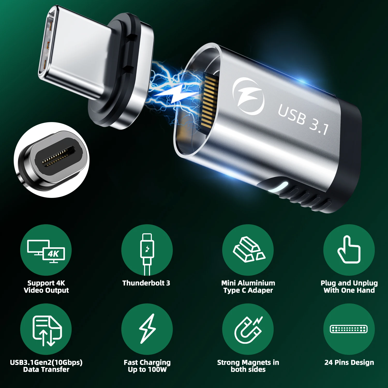 ANMONE 100 Вт USB C Магнитный адаптер 24 контакта PD Быстрая зарядка Type преобразователь