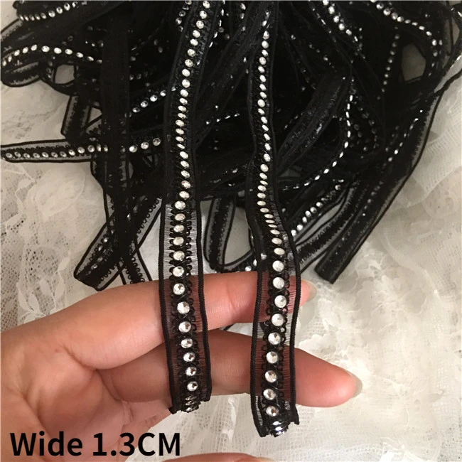 

1.3CM Wide White Black Glitter Rhinestones Mesh Ribbon Beaded Fringe Lace Edging Trim Dress Collar Headwear Sewing Guipure Decor