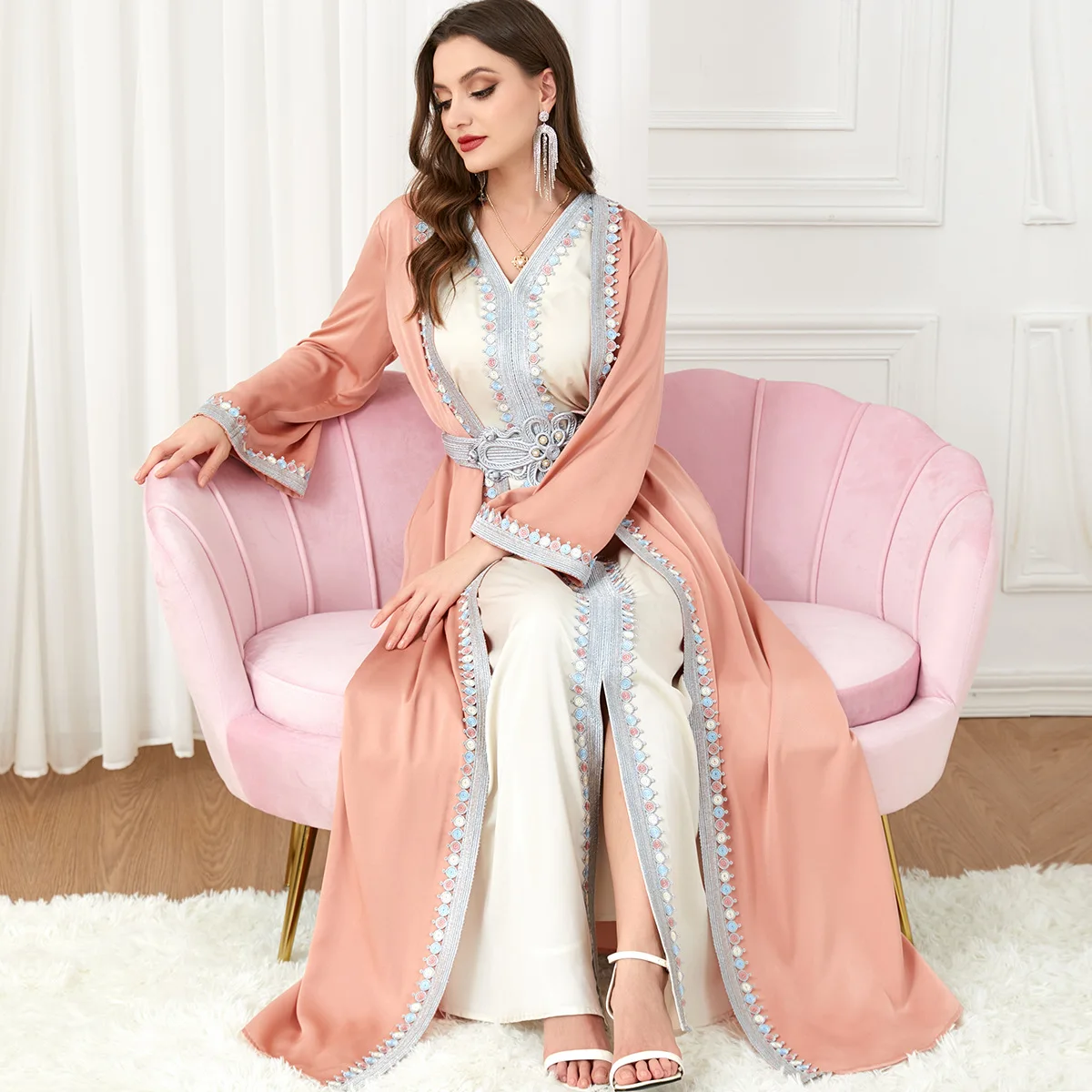 Women's Prayers Muslim Luxury Brand Slit V-neck Long-sleeved Two-piece Gown Dubai Abaya Arab Embroidery Chiffon Party Dress