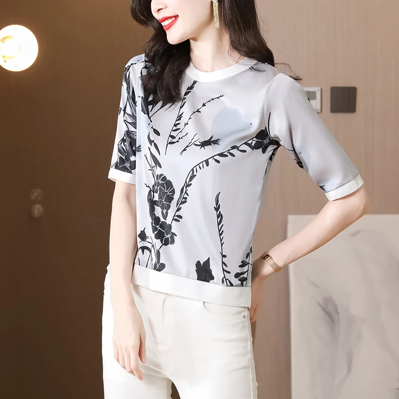 

Silk Large Size Women's T-shirt Summer Casual Top Floral Printing Short Sleeve 2022 New Tees Loose Fashion Female Cotton Clothes