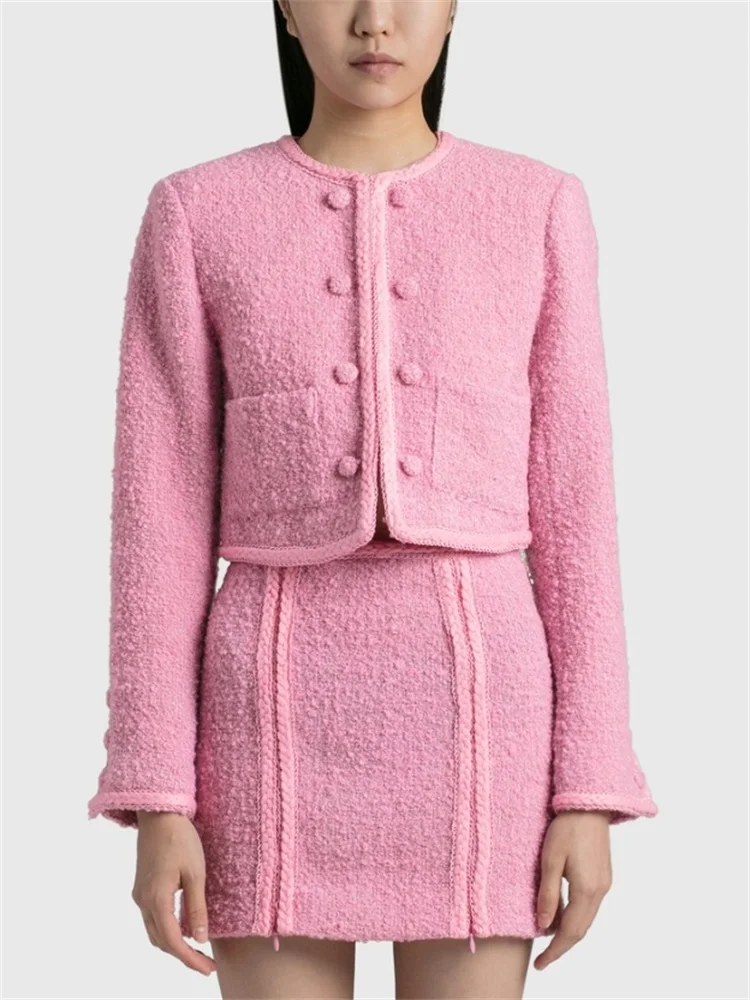 

Half-Season Jacket Trends 2023 Jackets Women's Winter Coats Button-Embellished Wool Blend Cropped Pink Top Coat