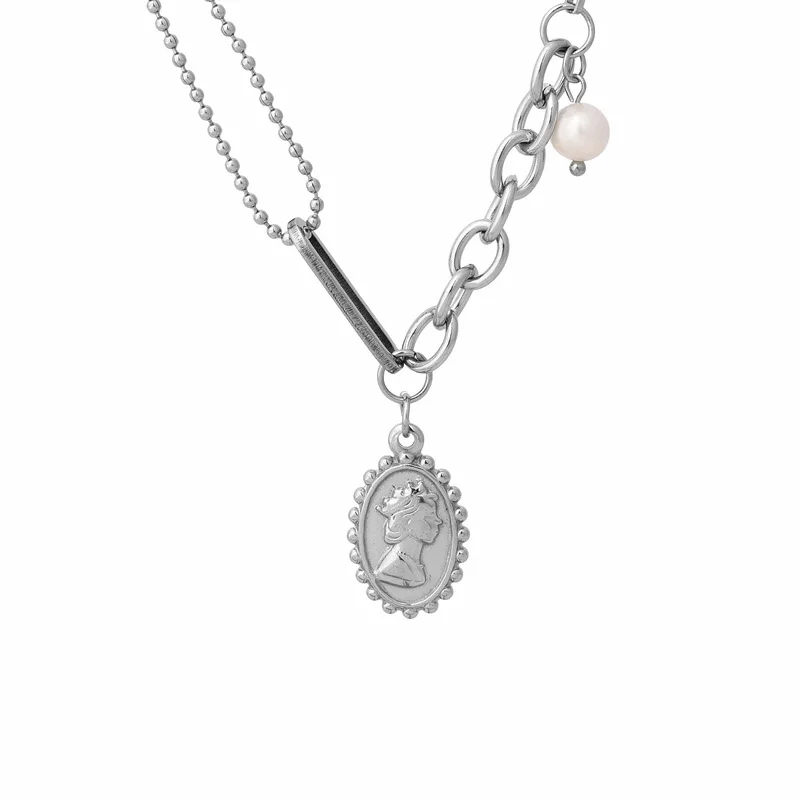 

Retro Korean Head Pendant Titanium Necklace Female Japanese and Korean Pearl Clavicle Simple Temperament Necklace