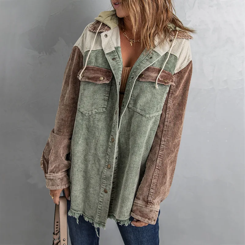 

2022 Fall Women's New Blue Green Pink Grey Hooded Jacket Single Breasted Loose Street Fashion High Quality Jacket
