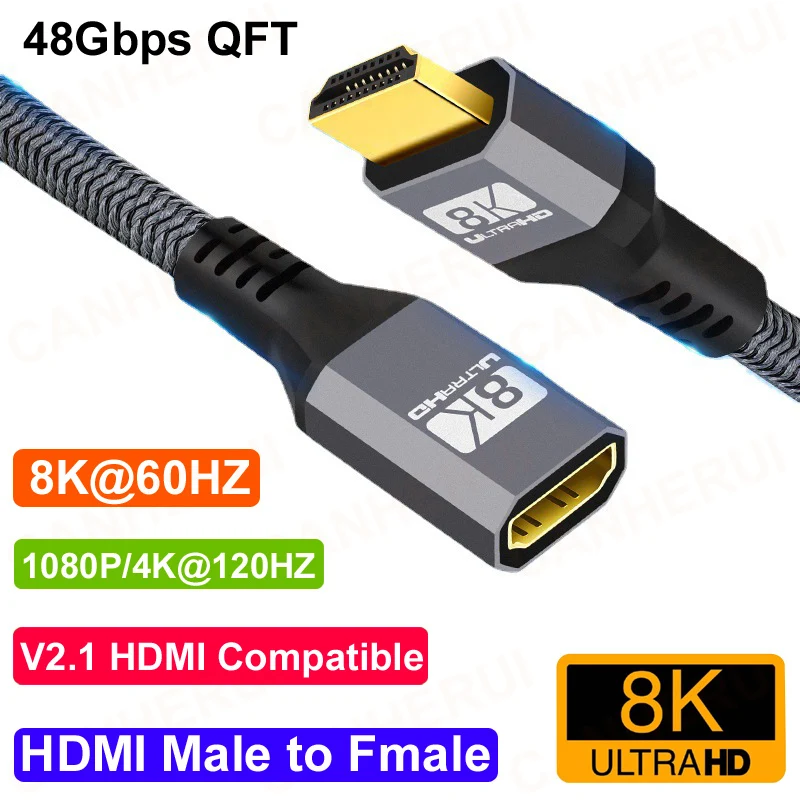 

8K@60HZ 4K@120HZ 1080p HDR 48Gbps QFT V2.1 HDMI Male TO HDMI Fmale Extension Cable For HDTV Projection Camera Monitor 0.3M/1.5m