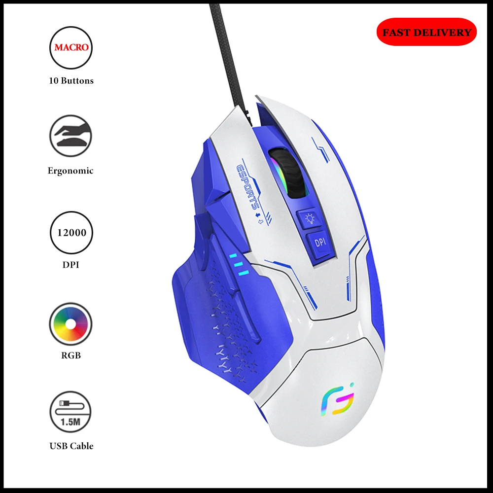 Macro Computer Gaming Mouse RGB with Side Buttons Ergonomic Thumb Rest 10000 DPI Laptop Mice High-Precision Sensor 10 Shortcut