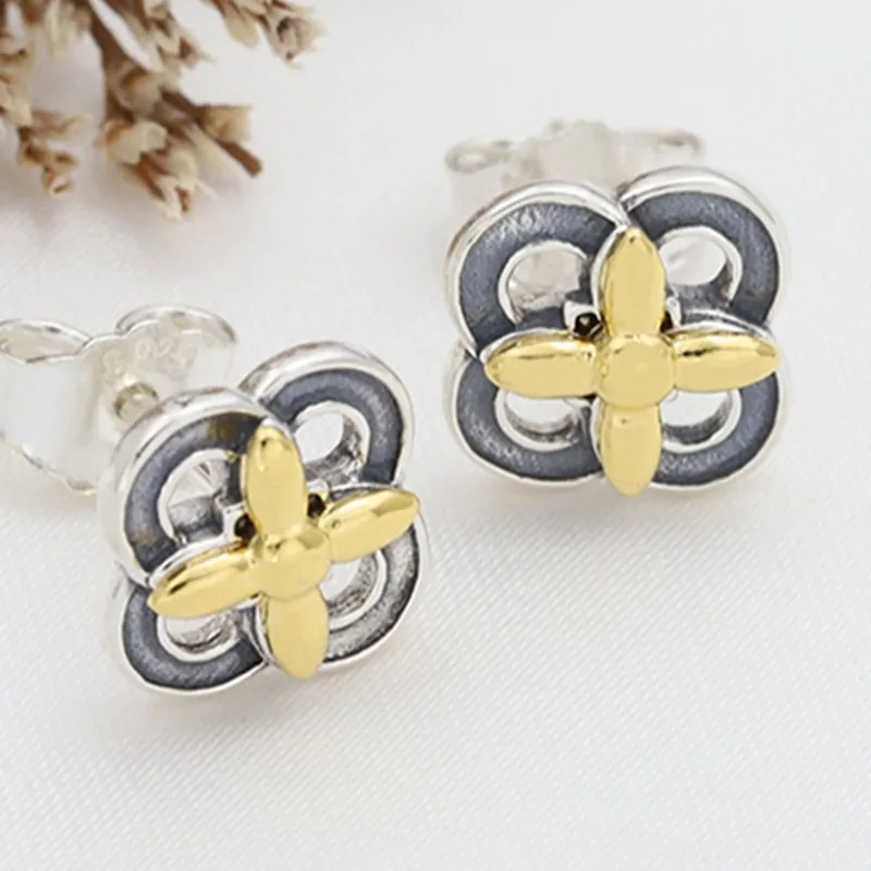 

Authentic 925 Sterling Silver Sparkling Gold Two-tone Flower Stud Earrings For Women Wedding Gift Fashion Jewelry