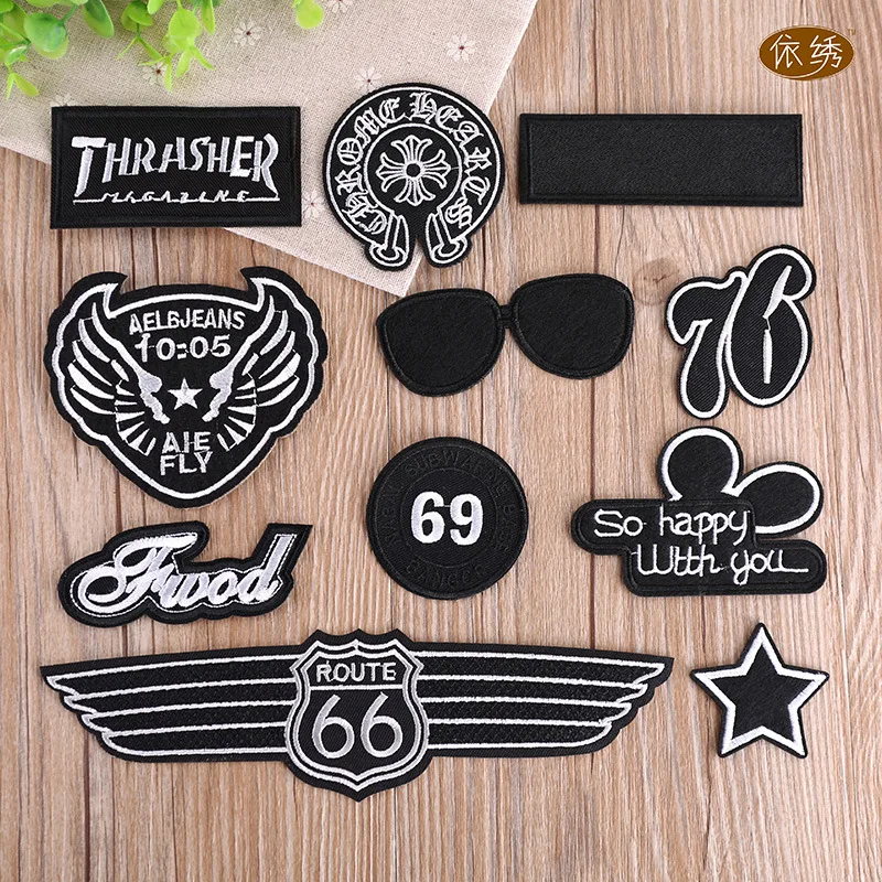 

Fashion Black Embroidery Patches White Stripes Route 66 Badge Letter Number DIY Sewing Patterns Glasses Logo for Jackets Tees