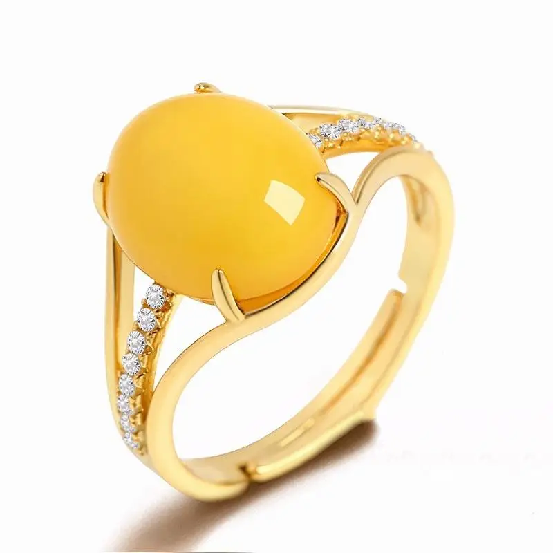 

HOYON Ethnic style inlaid amber beeswax ring chicken oil yellow ring women's chalcedony open ring ring retro jewelry for elders