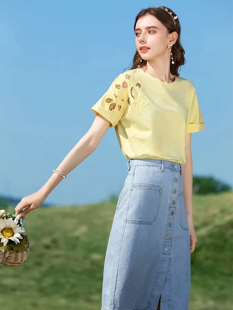 

dinboa-NEW 2022Summer Casual Embroidery Hollow Out T-shirts Temperament Slim Fit Oneck Short Sleeve Cotton Woman Top 2222014389