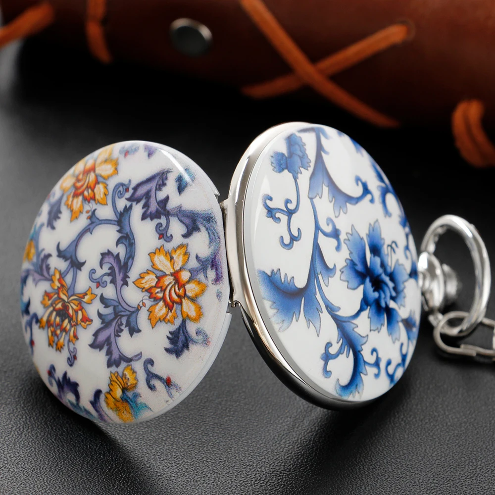 Retro Blue and White Porcelain Mechanical Pocket Watch High Quality Unisex Necklace Timing Pendant Gift for Men and Women PJX011